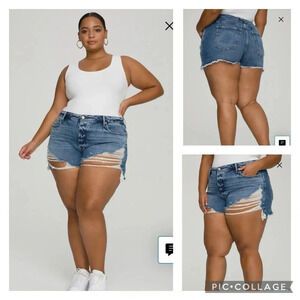Good American Bombshell High Rise Distressed Denim Cutoff Shorts size 18